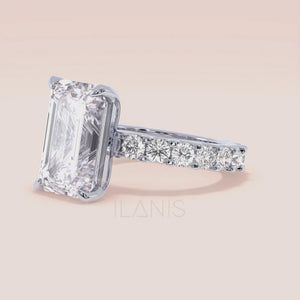 Emerald cut diamond engagement ring white gold with full diamond band, romantic and elegant bridal ring inspiration 