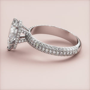 "14K white gold Despina pear engagement ring with hidden halo and 3D pave accents, elegant and stunning design for timeless beauty.