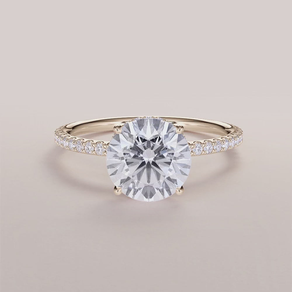 Elegant 14K Yellow Gold round cut engagement ring with halo design andPave diamonds, perfect for timeless romance.|




#14KRecycledYellowGold
#18KRecycledYellowGold





