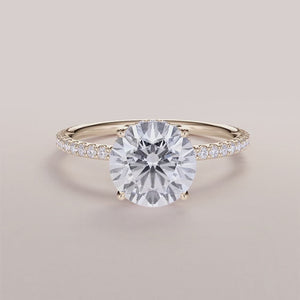 Elegant 14K Yellow Gold round cut engagement ring with halo design andPave diamonds, perfect for timeless romance.