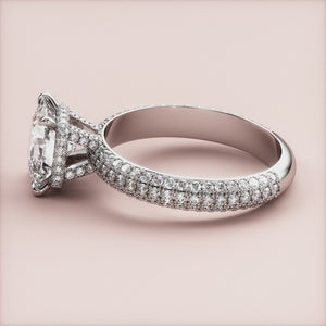"Elegant 14K White Gold Elara Cushion Engagement Ring with Hidden Halo and 3D Pave Accents, perfect for timeless romance.