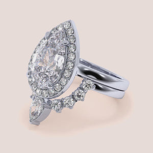 "14K White Gold Amaya Set Pear Halo Solitaire Engagement Ring with Cathedral and Plain Band, elegant and timeless design.