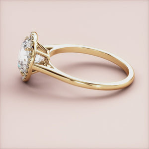 "Elegant 14K yellow gold round halo engagement ring with cathedral setting and plain band, perfect for a timeless proposal.