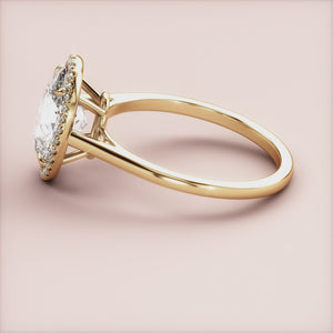 18K Gold Aylin Oval Halo Cathedral Engagement Ring with Diamond Accents, Elegant Design for Timeless Love.
