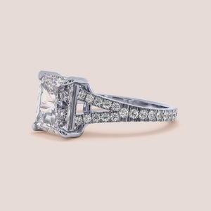 Stunning 14K white gold Zoya radiant split shank cathedral engagement ring, perfect for a timeless love story.