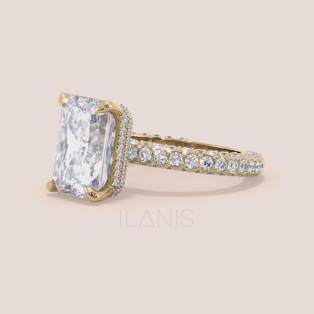 Radiant cut diamond engagement ring yellow gold with pavé band on hand, elegant solitaire design with brilliant sparkle | #14KRecycledYellowGold #18KRecycledYellowGold