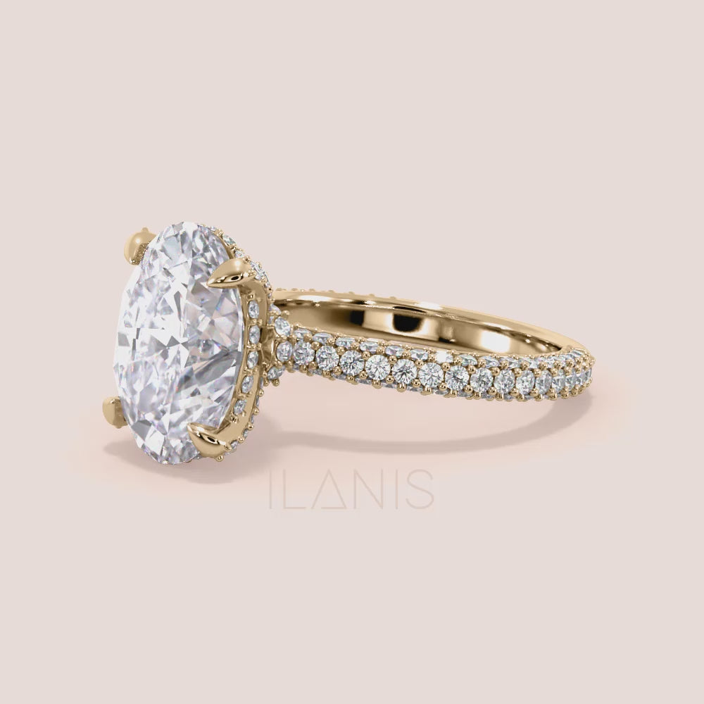Oval diamond engagement ring in yellow gold, video showing side profile, hidden halo setting and pavé diamond band craftsmanship |
#14KRecycledYellowGold #18KRecycledYellowGold