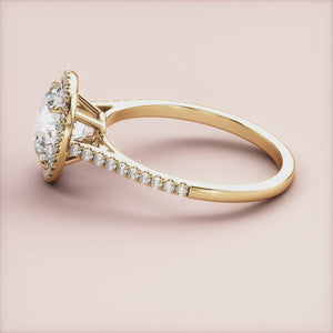 14K and 18K Gold Round Cut Diamond Halo Engagement Ring with Pave Band - Elegant Jewelry Piece for Timeless Romance.
