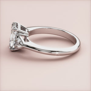 "Elegant 14K White Gold radiant three-stone triangle engagement ring, perfect for symbolizing love and commitment.