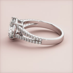 "14K white gold oval cathedral split shank pave band engagement ring, elegantly designed for timeless love and luxury.