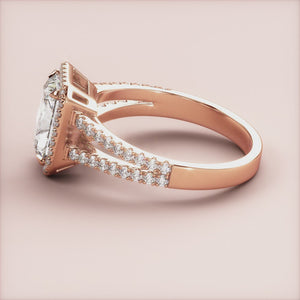 "Rose gold 14K radiant halo split shank cathedral pave band engagement ring, elegant and timeless design for the perfect proposal.