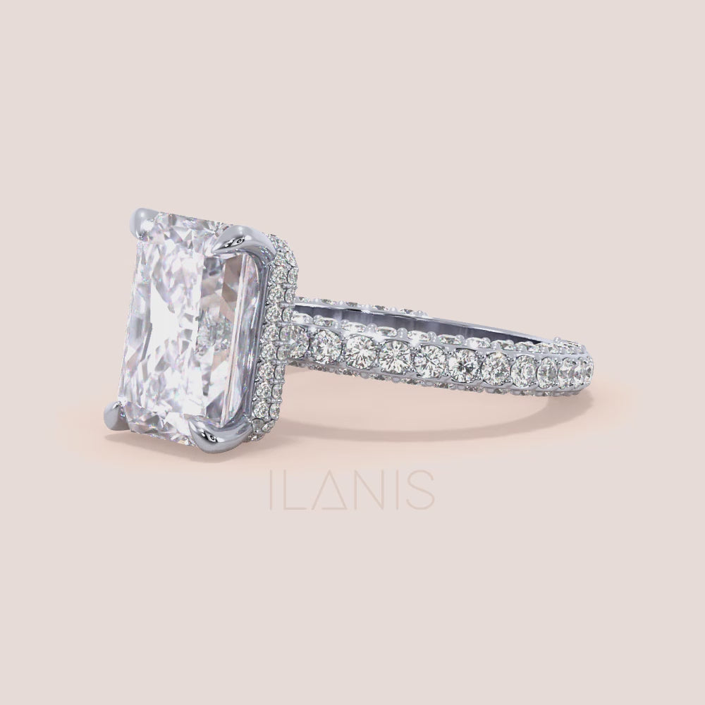 Radiant cut diamond engagement ring white gold with pavé band on hand, modern solitaire style with brilliant sparkle | #14KRecycledWhiteGold #18KRecycledWhiteGold #Platinum