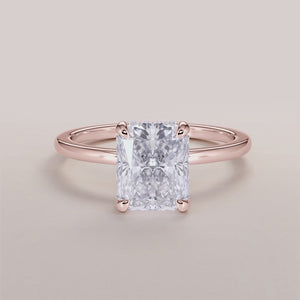 "Rose Gold 14K/18K engagement ring with radiant hidden halo and plain band, perfect for timeless elegance and special moments.