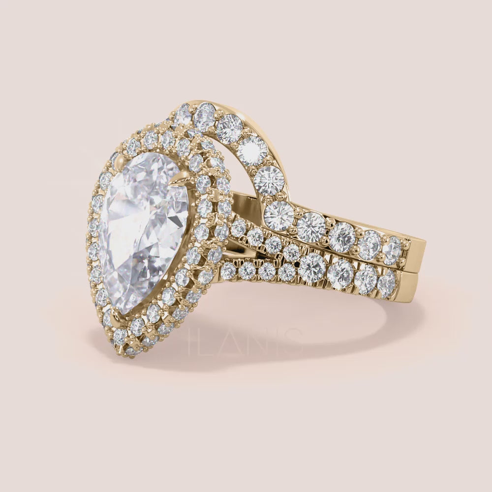 Yellow gold pear diamond engagement ring set with double halo and matching band, elegant bridal set and timeless proposal ring | #14KRecycledYellowGold #18KRecycledYellowGold