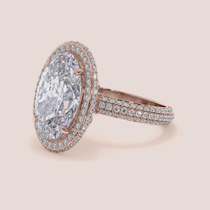 "Elegant 14K rose gold oval double edge halo engagement ring with 3D pave, perfect for romantic proposals and timeless style.
