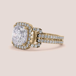 "14K yellow gold ZIA cushion halo split shank engagement ring, featuring exquisite craftsmanship and timeless elegance.