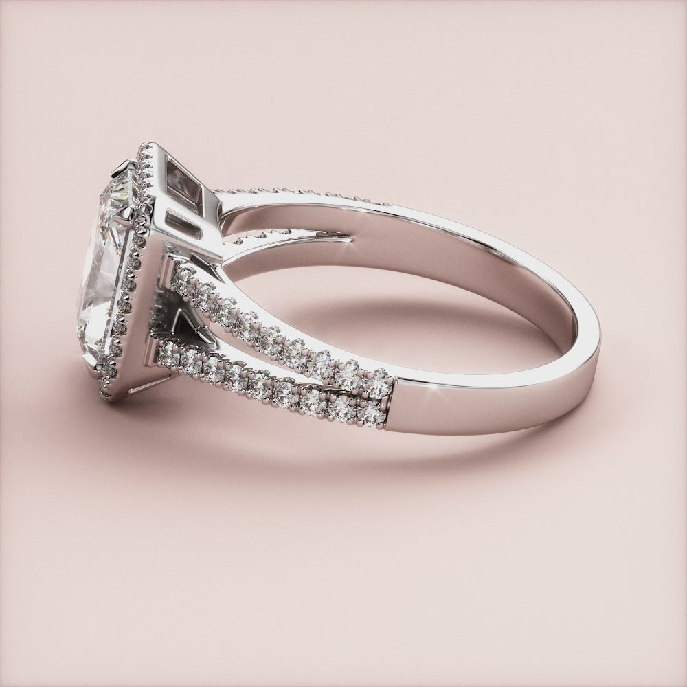 "Radiant halo split shank cathedral pave band engagement ring in 14K white gold, perfect for the modern bride.|

#14KRecycledWhiteGold
#18KRecycledWhiteGold








#Platinum"
