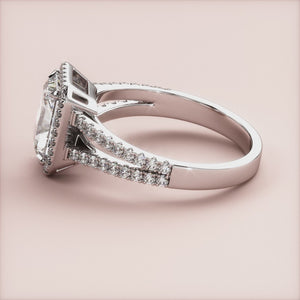 "Radiant halo split shank cathedral pave band engagement ring in 14K white gold, perfect for the modern bride.