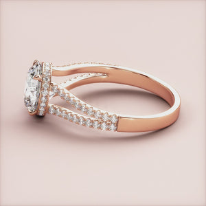 Rose Gold 14K engagement ring featuring a round hidden halo, split shank, and pave band for a stunning look.