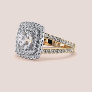 Two-tone 14K or 18K gold round diamond ring with double halo, split shank, perfect for engagement. 