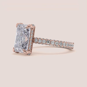 Rose Gold 14K/18K Leona Radiant Hidden Halo 3D Pave Engagement Ring with exquisite detailing, perfect for any occasion.