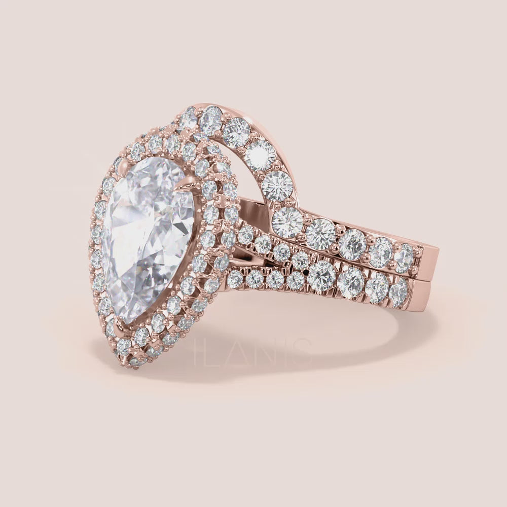 Pear diamond halo ring set in rose gold with matching band, detailed side profile, timeless engagement and wedding set | #14KRecycledRoseGold #18KRecycledRoseGold