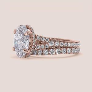"Rose Gold 14K engagement ring featuring an oval split shank and hidden halo, perfect for a timeless romantic proposal.