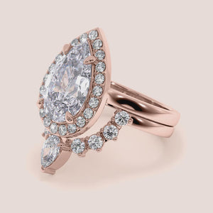 "Rose Gold 14K Amaya Set - Pear Halo Solitaire Cathedral Ring, Elegant Engagement Ring with a Plain Band, Stunning Jewelry Piece.
