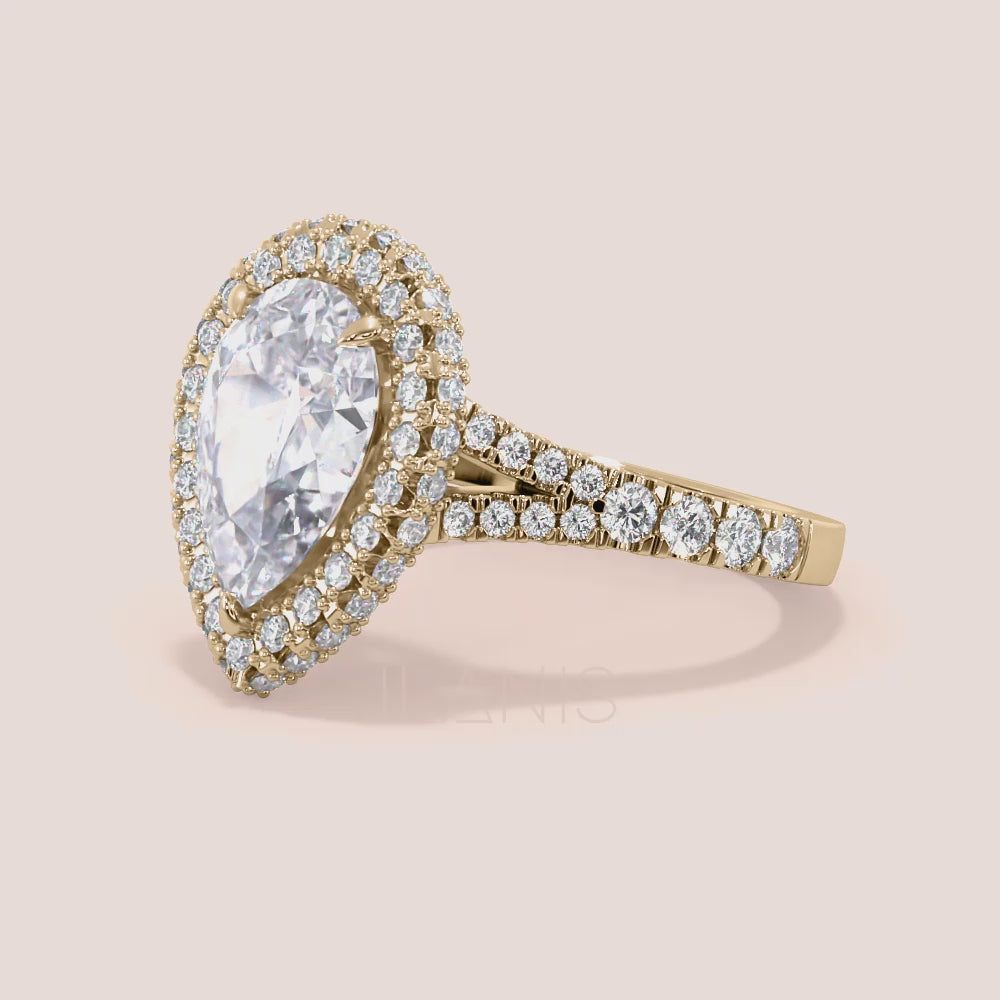 Pear cut diamond halo ring yellow gold, double halo pavé setting with center pear diamond and balanced proportions | #14KRecycledYellowGold #18KRecycledYellowGold