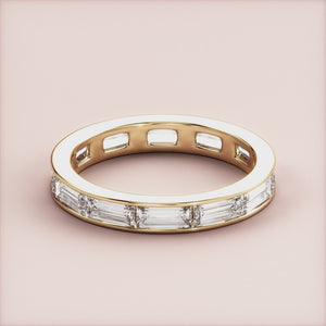 Elegant 14K Gold baguette channel eternity wedding band, featuring a refined diamond cut design for timeless beauty. 