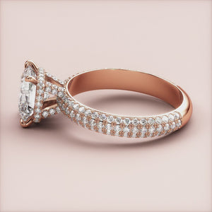 "Rose Gold 14K Engagement Ring with Hidden Halo and 3D Pave Accents, Elegant Cushion Design. Perfect for a Timeless Proposal.