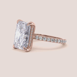 Rose Gold 14K/18K Leona Radiant Hidden Halo 3D Pave Engagement Ring with exquisite detailing, perfect for any occasion.