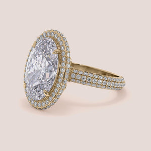 """14K Yellow Gold oval double-edge halo engagement ring with 3D pave design, perfect for timeless elegance.""