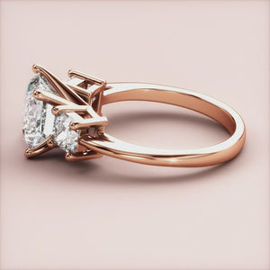 "Rose Gold 14K Floras Three Stone Princess Engagement Ring, a stunning blend of elegance and sparkle for a timeless romance.