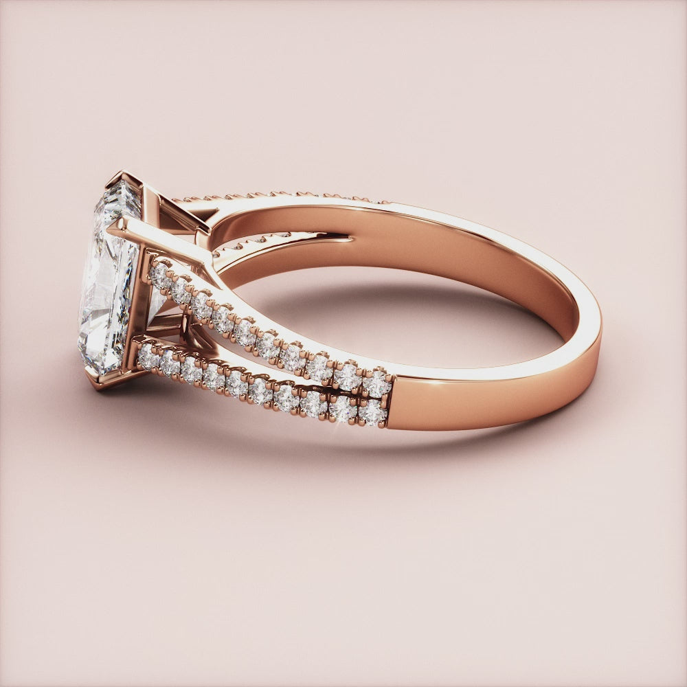Radiant 14K Rose Gold engagement ring, featuring a cathedral split shank and pave band, perfect for a timeless proposal.|







#14KRecycledRoseGold
#18KRecycledRoseGold


