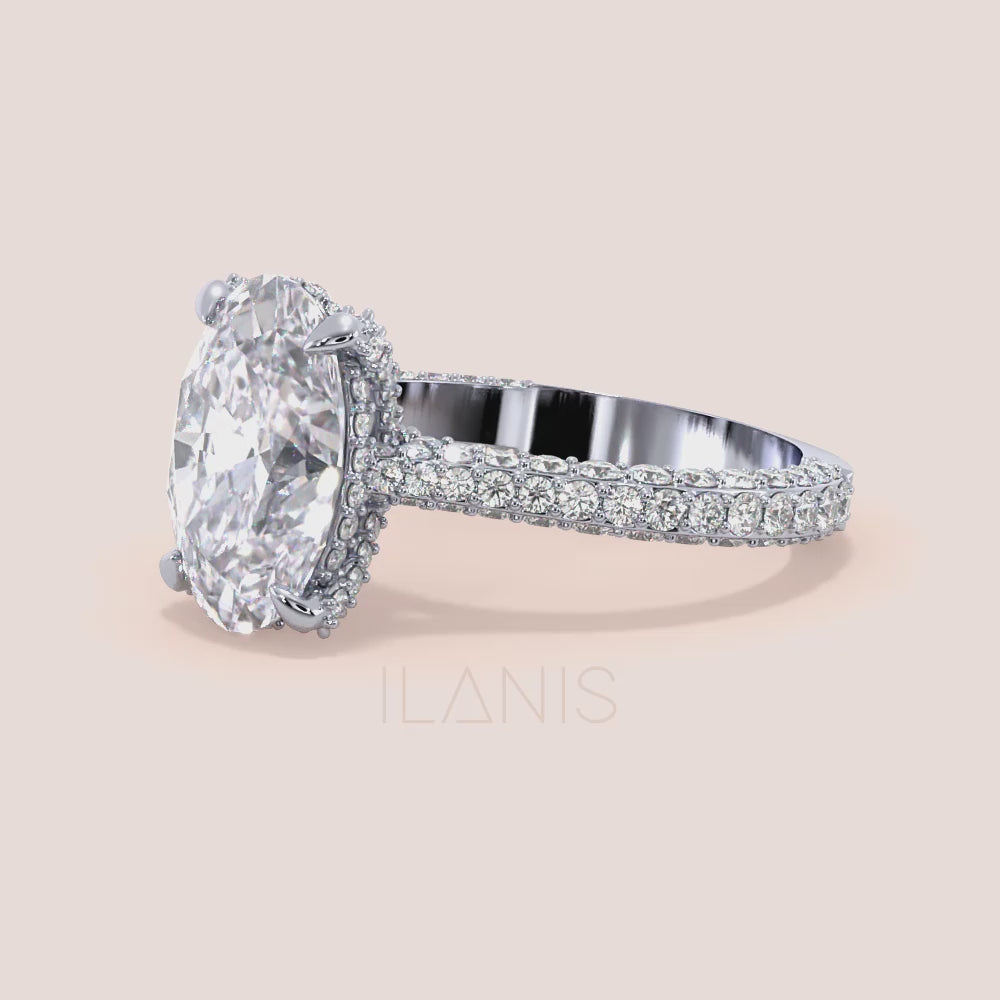 Video of Oval diamond engagement ring in rose gold with pavé band and hidden halo setting |#14KRecycledWhiteGold #18KRecycledWhiteGold #Platinum