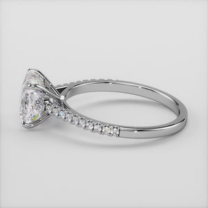 "Elegant 14K white gold Luna cushion solitaire pave cathedral engagement ring, showcasing exquisite craftsmanship and timeless design.
