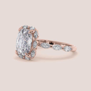 "Rose Gold 14K Versailles Cushion Marquise Halo Engagement Ring with Marquise Band, perfect for timeless elegance and luxury.