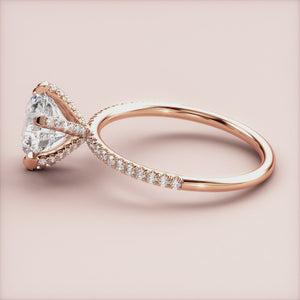 Elegant 14K rose gold engagement ring with a round-cut diamond andPave band, unworn, perfect for a timeless proposal.