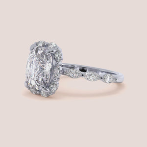 "Exquisite White Gold 14K/18K Cushion Marquise Halo Engagement Ring, featuring a stunning marquise band for timeless elegance.
