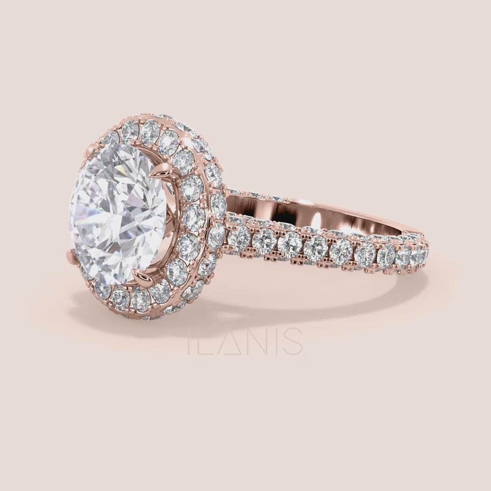 Rose gold round halo engagement ring  diamond pavé band bridal jewelry video | 
#14KRecycledRoseGold #18KRecycledRoseGold