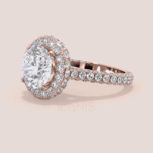 Rose gold round halo engagement ring  diamond pavé band bridal jewelry video 