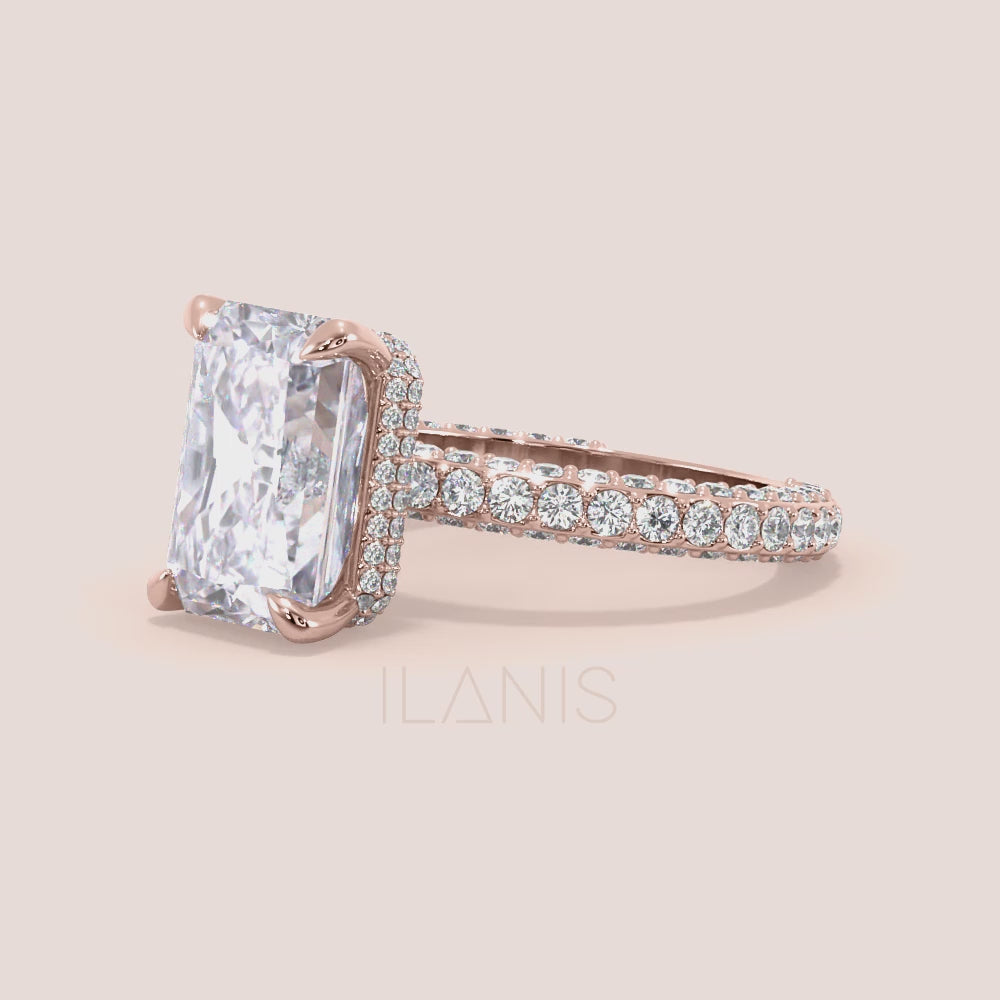 Radiant cut diamond engagement ring rose gold with pavé band on hand, elegant solitaire style with modern brilliance | #14KRecycledRoseGold #18KRecycledRoseGold