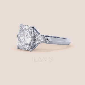 Stunning 14K White Gold trilogy Cushion diamond Engagement Ring with shield side stones. Perfect for lasting love. 