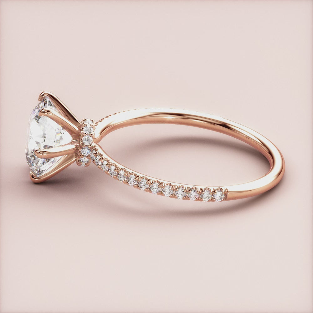 "Rose Gold 14K Janus Round Solitaire Halo Collar Pave Band Engagement Ring, elegant and timeless design for a stunning proposal.|







#14KRecycledRoseGold
#18KRecycledRoseGold


"
