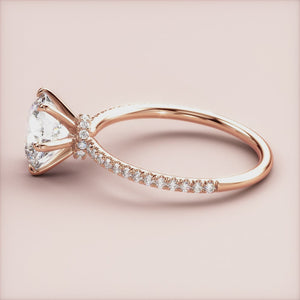"Rose Gold 14K Janus Round Solitaire Halo Collar Pave Band Engagement Ring, elegant and timeless design for a stunning proposal.