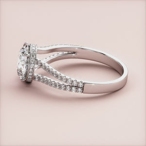 Stunning 14K White Gold Solar Round Hidden Halo Split Shank Pave Band Engagement Ring, perfect for a timeless proposal. 