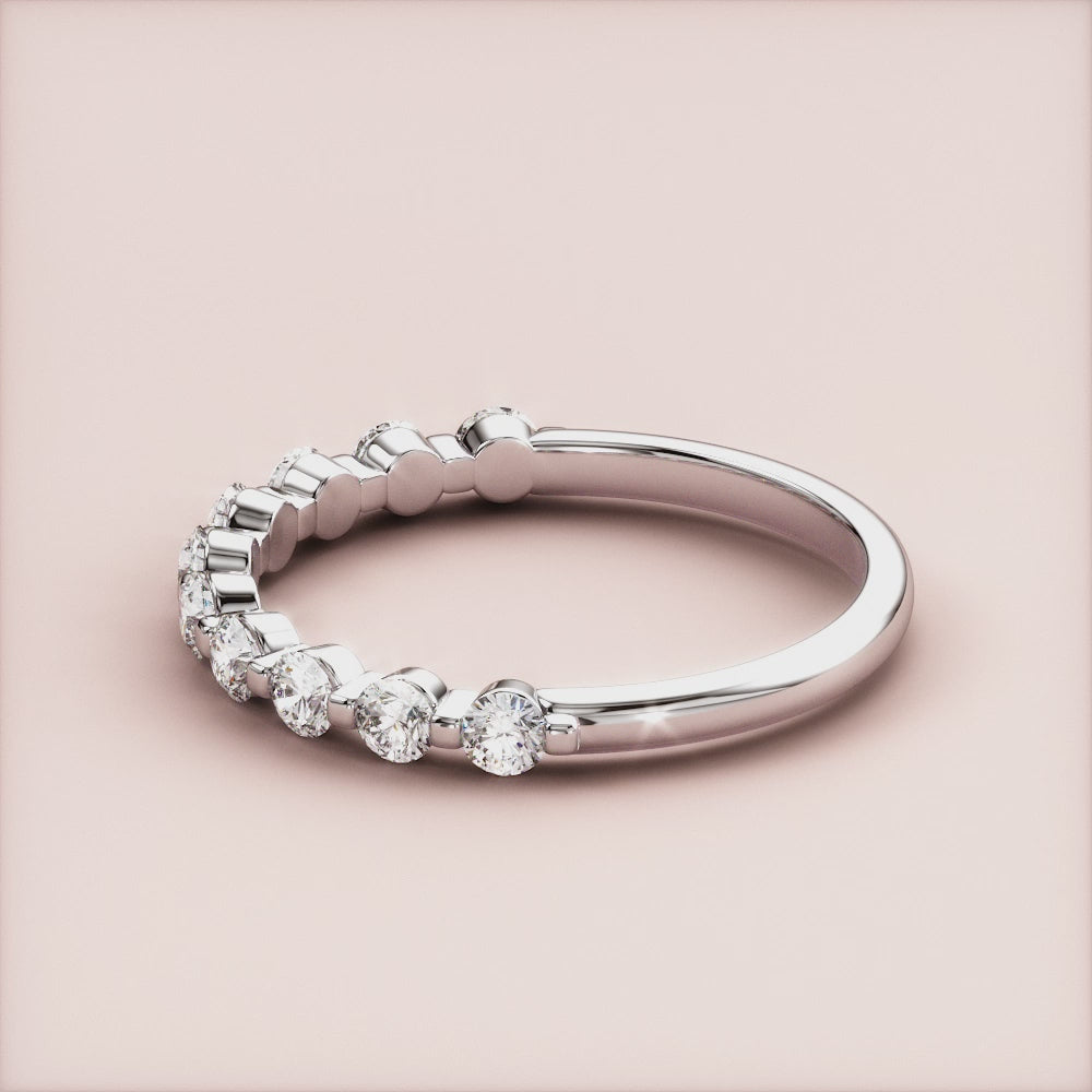 Elegant white gold or platinum half eternity wedding band with round diamonds, available in 14K and 18K for bridal elegance. |
 #14KRecycledWhiteGold
 #18KRecycledWhiteGold
 
 
 
 
 #Platinum