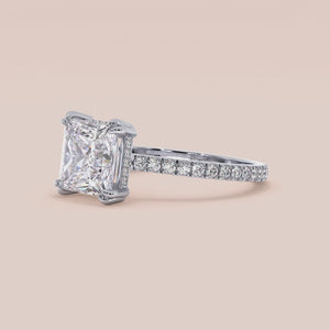 "14K White Gold Jalee Princess Engagement Ring with Invisible Gallery, Hidden Halo, and Pave Band,Elegant Jewelry for Timeless Love