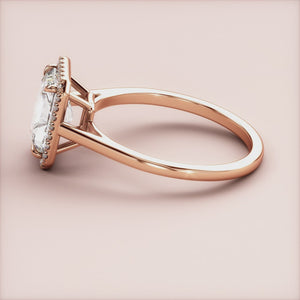 "Radiant Halo Cathedral Engagement Ring in 14K Rose Gold, featuring a sleek plain band and stunning design for timeless elegance.